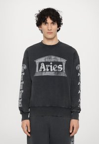 Mørkegrå oversized sweatshirt i bomuld, med et stort hvidt "Aries" grafik med arkitektoniske elementer på forsiden og logo-tryk på ærmerne.