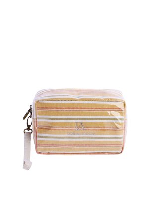 Neceser rectangular a rayas en amarillo, blanco y naranja con bolsillo delantero de plástico transparente y correa blanca para la muñeca sujeta al cierre.