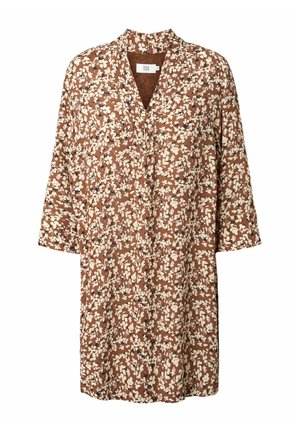 Brun tunikakjole med beige og mørkt blomsterprint, V-halsudskæring og 3/4-lange ærmer.