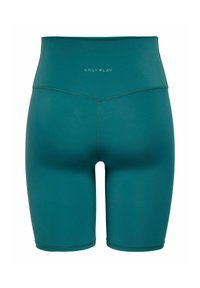 Shorts de sport taille haute bleu sarcelle, longueur genou, avec logo "ONLY PLAY" sur la ceinture arrière, en tissu lisse avec coutures flatlock.