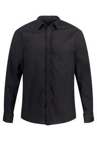 Zwarte longsleeve shirt van gladde stof, met een klassieke kraag, knopen voor sluiting en dichtgeknoopte manchetten met een op maat gemaakte pasvorm.