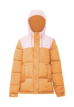Veste puffer avec fermeture éclair à l'avant, présentant un corps orange, des épaules rose clair, une capuche et deux poches latérales zippées. Texture lisse.