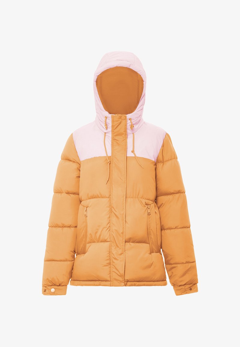 Giacca a vento con zip frontale, caratterizzata da un corpo arancione, spalle rosa chiaro, un cappuccio e due tasche laterali con zip. Texture liscia.