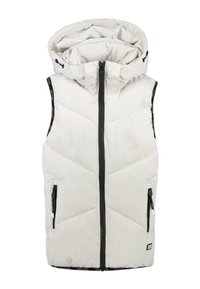 Witte gewatteerde vest met een hoge kraag, voorzien van een ritssluiting aan de voorkant en twee zijzakken. Het heeft een onderscheidend geometrisch gestikt patroon.