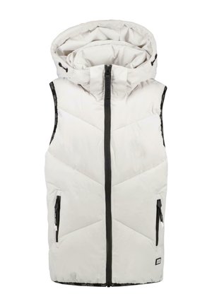 Witte gewatteerde vest met een hoge kraag, voorzien van een ritssluiting aan de voorkant en twee zijzakken. Het heeft een onderscheidend geometrisch gestikt patroon.