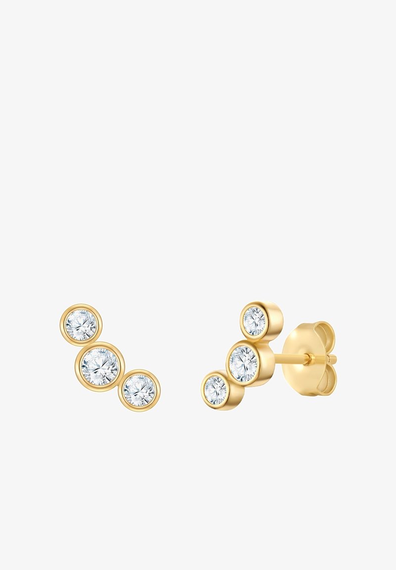 Aukso stud auskarai su trimis sugrupuotais, apvaliais, skaidriais brangakmeniais. Dizainas elegantiškas, su lygiu paviršiumi ir blizgiu apdaila.