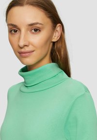 Grüner Rollkragenpullover aus weichem, leichtem Stoff. Verfügt über einen engen Kragen, lange Ärmel und eine glatte Textur.