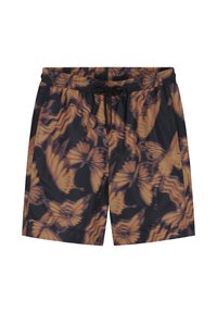 Zwarte zwembroek met een vlinderpatroon in oranje tinten. Voorzien van een elastische tailleband met een trekkoord en zijzakken.