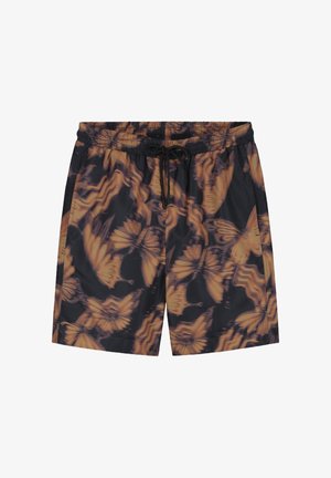 Zwarte zwembroek met een vlinderpatroon in oranje tinten. Voorzien van een elastische tailleband met een trekkoord en zijzakken.