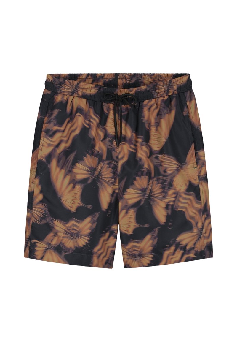 Zwarte zwembroek met een vlinderpatroon in oranje tinten. Voorzien van een elastische tailleband met een trekkoord en zijzakken.