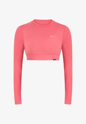 Crop top met lange mouwen in felroze, gemaakt van rekbare stof, met een ronde halslijn en een subtiele logo-accent op de borst.