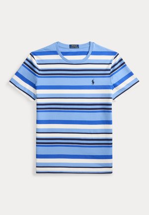 Blau-weiß gestreiftes Kurzarm-T-Shirt mit Rundhalsausschnitt und Polo Ralph Lauren-Logo auf der linken Brust bestickt.