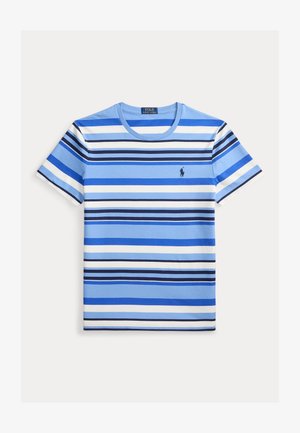 Blau-weiß gestreiftes Kurzarm-T-Shirt mit Rundhalsausschnitt und Polo Ralph Lauren-Logo auf der linken Brust bestickt.