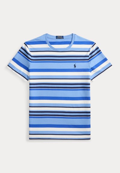 T-shirt à manches courtes bleu et blanc à rayures, col rond, avec logo Polo Ralph Lauren brodé sur la poitrine gauche.