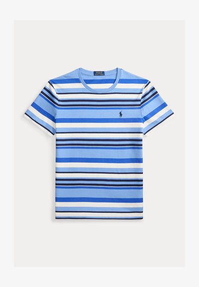 T-shirt à manches courtes bleu et blanc à rayures, col rond, avec logo Polo Ralph Lauren brodé sur la poitrine gauche.