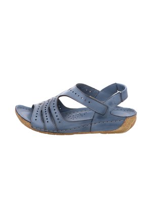Blue leather sandal with perforated design, open toe, adjustable ankle strap, and a textured cork sole for grip and comfort.