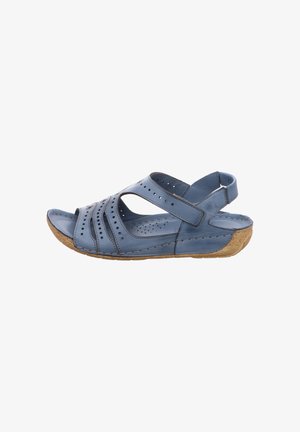 Blaue Ledersandale mit perforiertem Design, offenem Zehenbereich, verstellbarem Knöchelriemen und einer strukturierten Korksohle für Halt und Komfort.