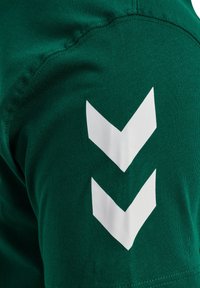 Grön kortärmad t-shirt med en slät textur och två vita chevron-mönster tryckta på vänster ärm.