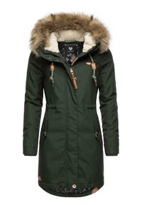 Olive green parka with a faux fur-lined hood, zip closure, adjustable drawstrings, and two front pockets. Interior features a patterned lining.