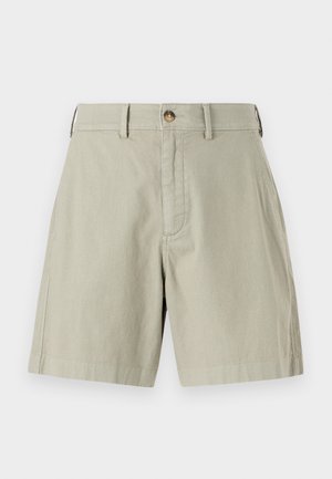 Light beige shorts with a flat front, single metal button closure, and belt loops. Made from a soft cotton blend with a tailored fit.