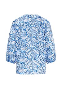 Blauw-wit gebloemde blouse met een losse pasvorm, pofmouwen en een bloemenpatroon met afgeronde bladvormen en omkeringen.