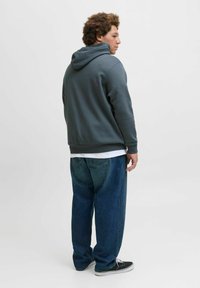 Gray hooded sweatshirt with ribbed hem, paired with loose, dark blue denim jeans. Black sneakers with white laces. Rear view of the outfit.