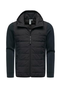 Black puffer jacket featuring a zip front, hood, and contrasting long sleeves. Design includes quilted texture and zipped side pockets.