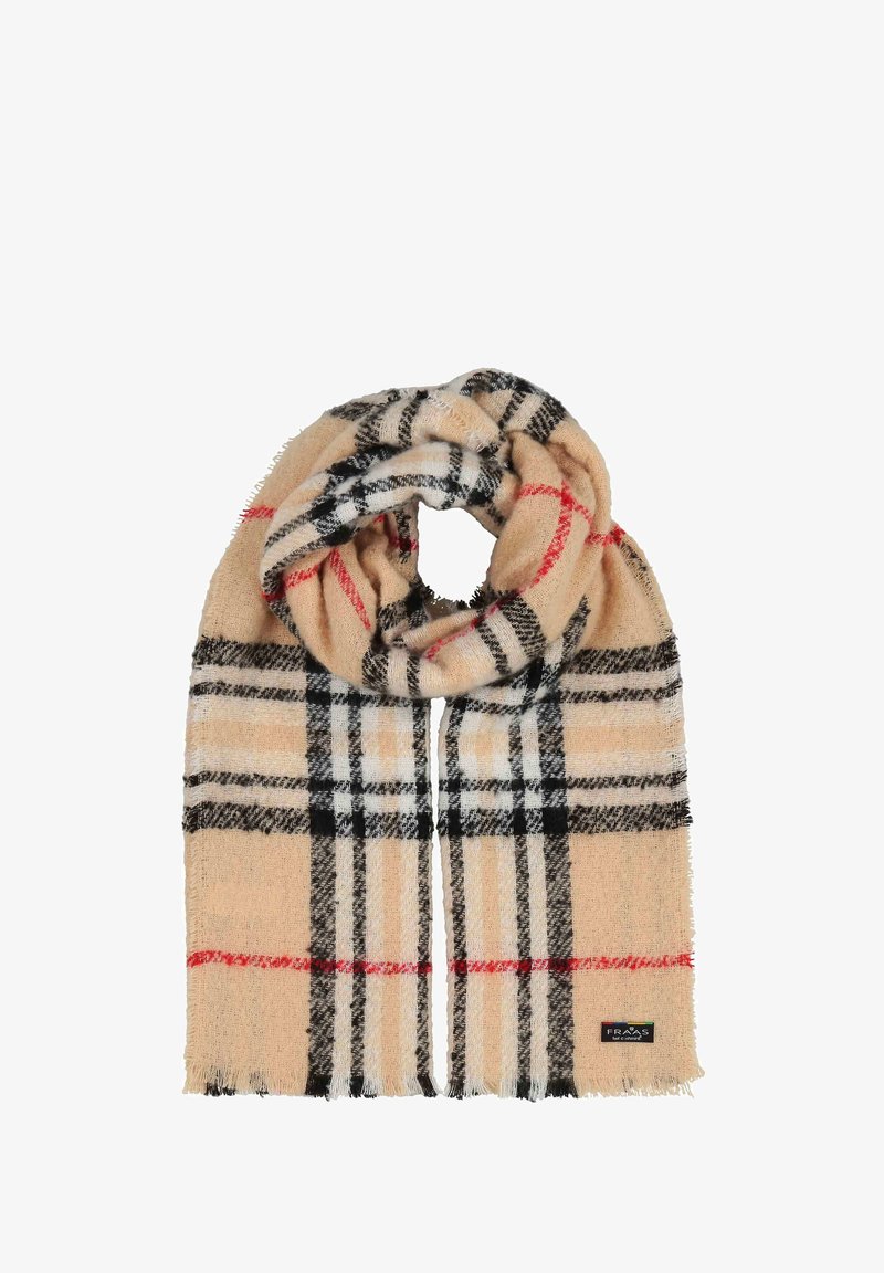 Beež sall musta ja punase ruudulisena, pehme tekstuuriga, friteeritud servadega ja logoga silt. Pikkus on umbes 178 cm.