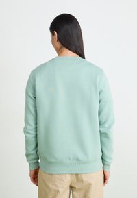 Felpa verde menta con collo a costine, polsini e fondo, realizzata in tessuto morbido. Senza grafiche o modelli visibili, mostrata da dietro.