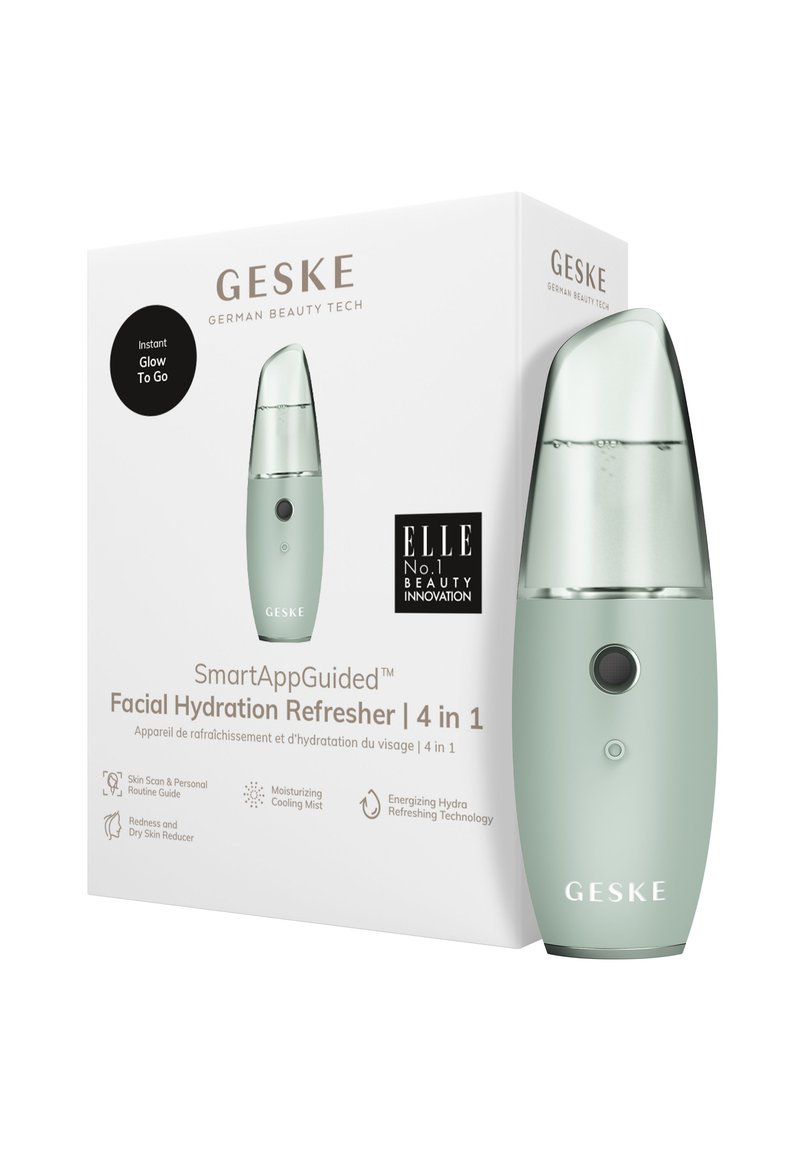 Rafraîchisseur d'hydratation pour le visage en vert menthe, avec un dessus transparent, un design arrondi, un bouton noir, et un packaging élégant avec le texte de la marque.