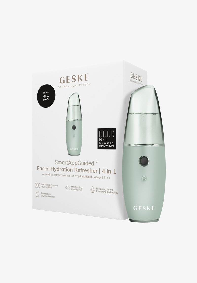 Gevoelige gezichtshydratator in mintgroen, met een doorzichtig deksel, afgerond ontwerp, zwarte knop en strakke verpakking met merktekst.