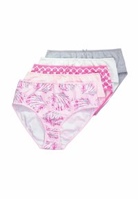 Fem tonårsunderkläder i olika färger: rosa med snäcktryck, enfärgad rosa, vit, ljusrosa och grå. Av bomull, med elastiska midjor.