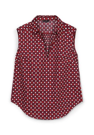 Blusa senza maniche rossa e blu navy con un motivo geometrico a diamante, colletto con incisione e vestibilità ampia, dotata di due tasche laterali.