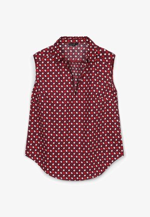 Blusa senza maniche rossa e blu navy con un motivo geometrico a diamante, colletto con incisione e vestibilità ampia, dotata di due tasche laterali.