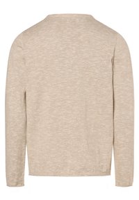 Maglione beige a maniche lunghe con un tessuto morbido e texture. Presenta un collo rotondo e una vestibilità dritta. Nessun motivo o accento visibile.