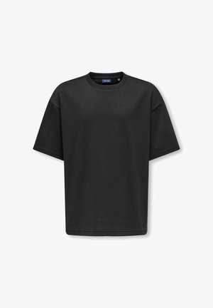 Camiseta negra de manga corta con cuello redondo y ajuste relajado, presentada plana sobre un fondo blanco.
