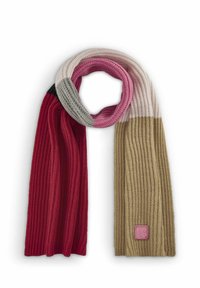 Écharpe en tricot rouge, rose, gris et beige avec une texture côtelée. Présente un petit patch logo rose à l'extrémité beige.