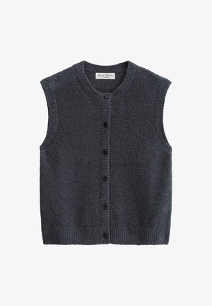 Navyblauer ärmelloser Cardigan aus strukturiertem Stoff, mit rundem Ausschnitt, Knopfleiste vorne und geripptem Saum.