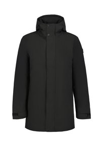 Zwarte waterdichte jas met een hoge kraag, drukknoopsluiting, verstelbare manchetten en een capuchon. Kenmerkt zich door een gladde, matte textuur.