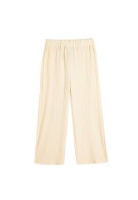 Ljust beige texturerade vida byxor med elastisk midja, med en skrynklig tygdesign för extra visuell intresse.