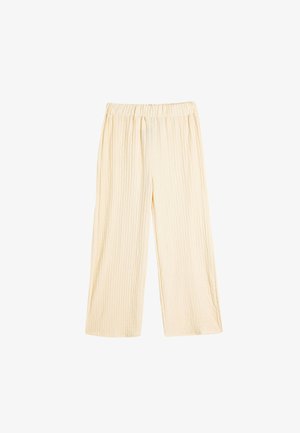 Lys beige strukturerede bukser med brede ben og elastisk talje, der har et krøllet stofdesign for ekstra visuel interesse.
