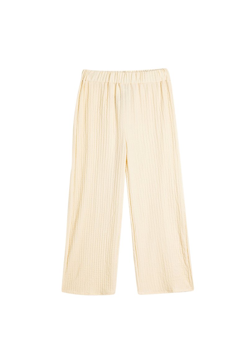 Ljust beige texturerade vida byxor med elastisk midja, med en skrynklig tygdesign för extra visuell intresse.