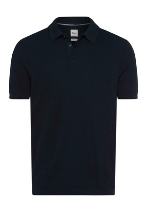 Marineblaues Polohemd aus strukturiertem Stoff, mit klassischem Kragen, drei Knöpfen und kurzen Ärmeln.