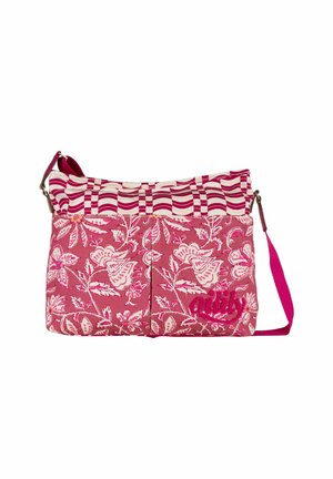 Sac à épaule rose avec motif floral sur le corps principal et partie supérieure rayée rose et blanc, avec bandoulière réglable et poches avant.