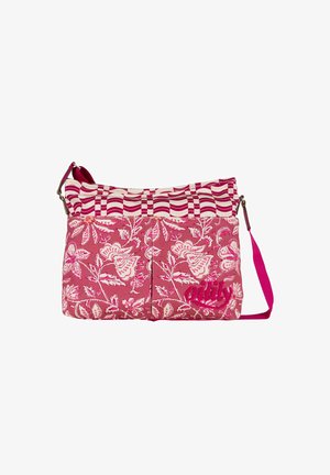 Sac à épaule rose avec motif floral sur le corps principal et partie supérieure rayée rose et blanc, avec bandoulière réglable et poches avant.