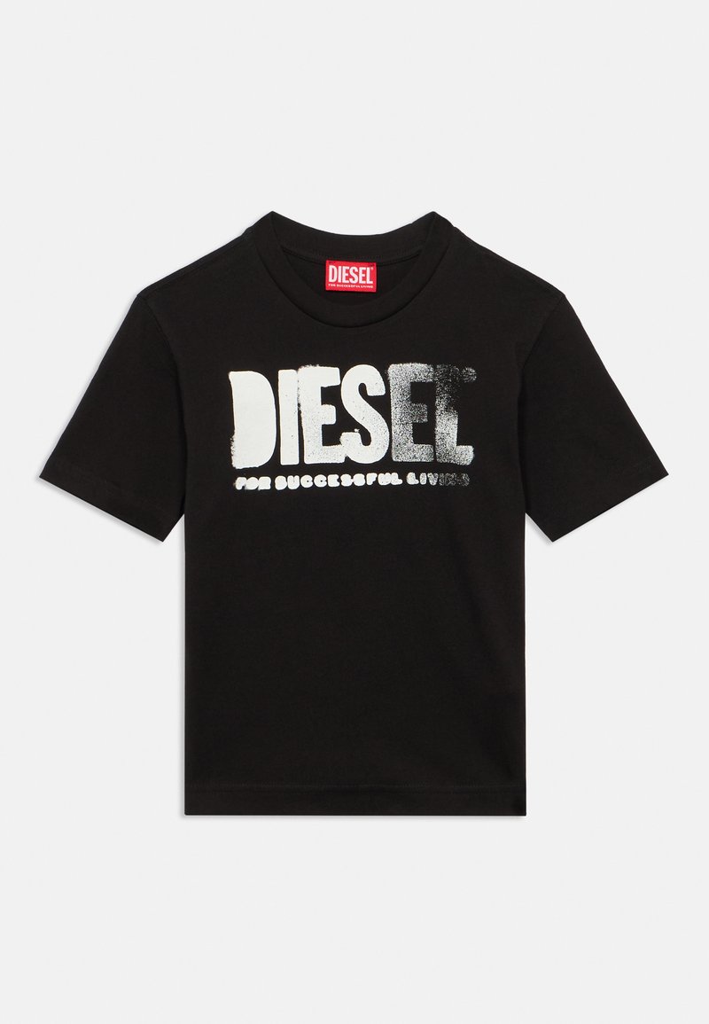 Maglietta nera a maniche corte con la scritta audace "DIESEL" in bianco e grigio e lo slogan più piccolo "FOR SUCCESSFUL LIVING" sulla parte anteriore.