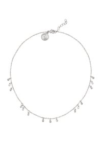 Collana d'argento con una delicata catena e piccoli accenti a goccia pendenti. Include una chiusura e una catena di lunghezza regolabile.