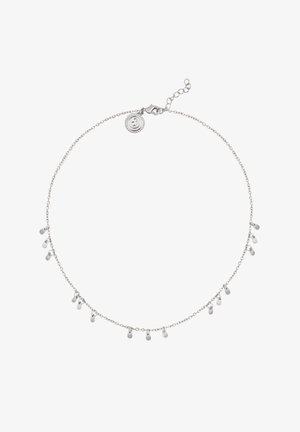 Silberne Halskette mit einer zarten Kette und kleinen, hängenden, tropfenförmigen Akzenten. Enthält einen Verschluss und eine verstellbare Kettenlänge.