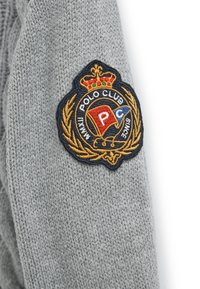 Szary sweter z dzianiny o teksturowanym wykończeniu. Posiada naszywkę Polo Club z haftem w kolorach czerwonym, niebieskim i złotym, z ilustracją korony.