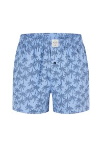 Modré plavky s palmovým vzorem, elastickým pasem a detailním knoflíkem vepředu. Měkká látka s lehkou texturou.